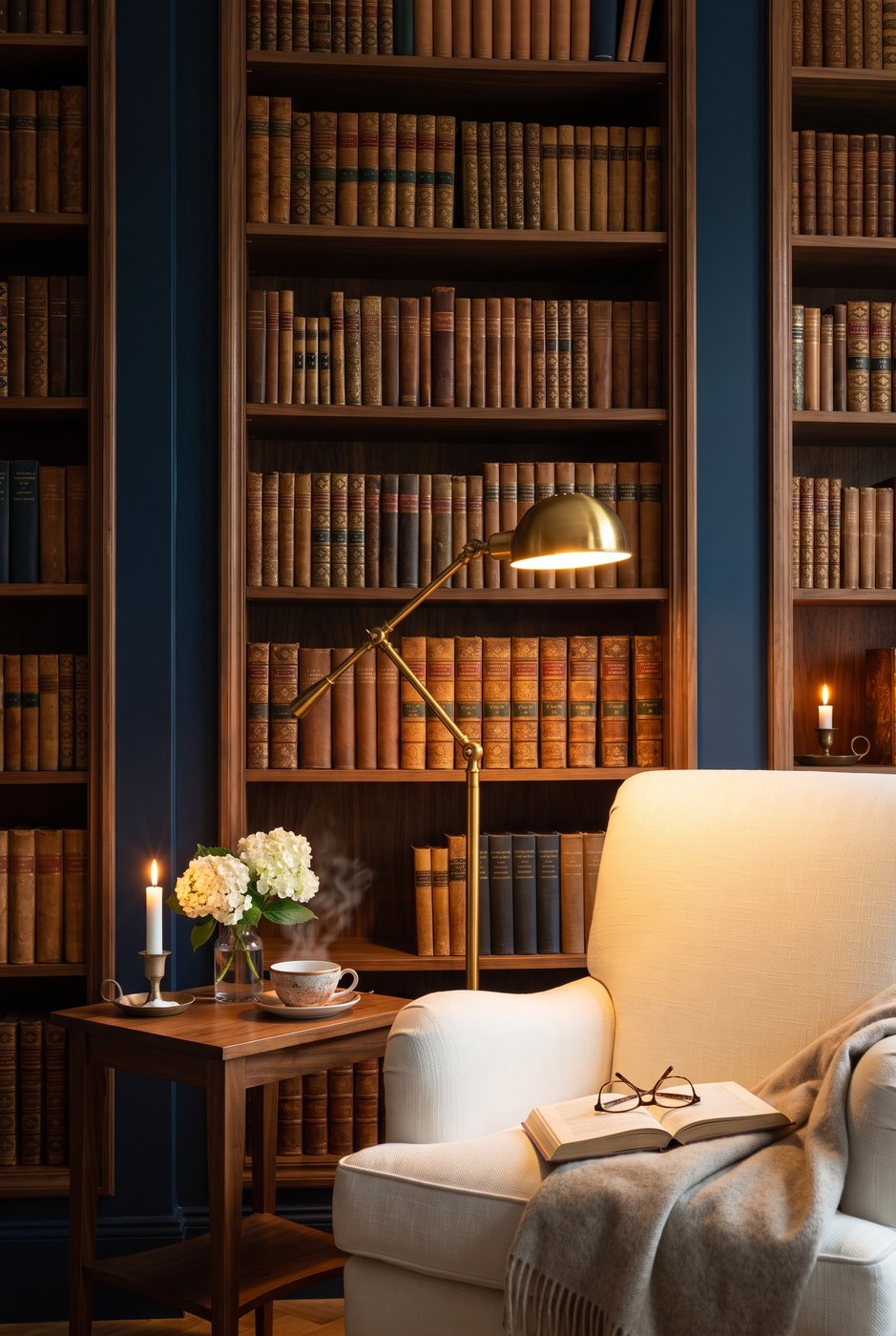 Walnuss-Bücherwand mit antiquarischen Büchern, Lesesessel und warmer Messinglampe