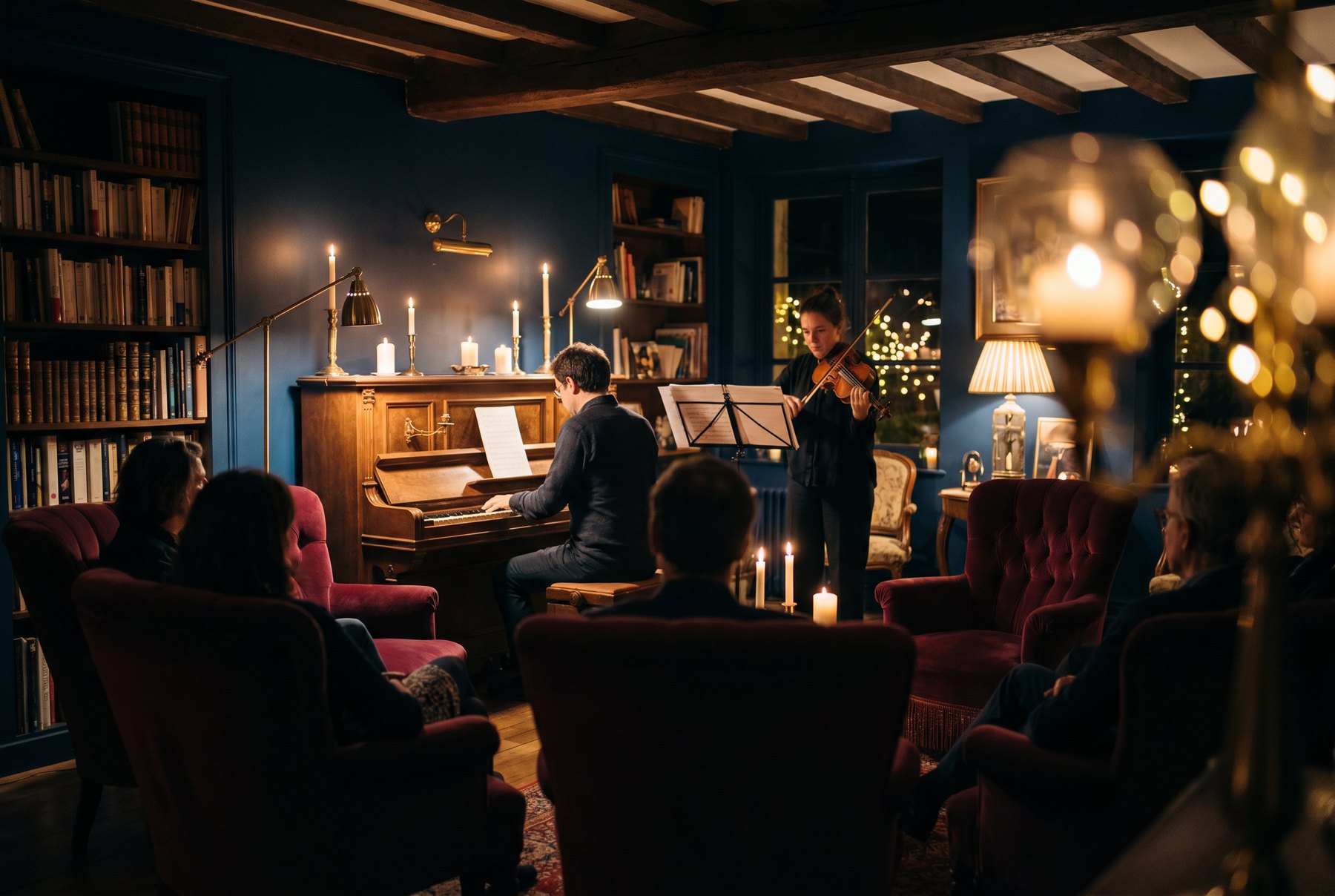 Intimes Wohnzimmerkonzert mit Klavier und Violine im warmen Lampenlicht